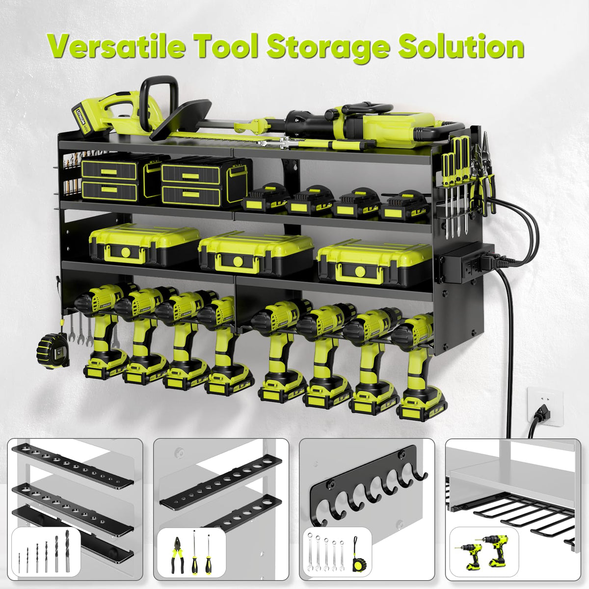 Large Power Tool Organizer Wall Mount with Charging Station,4 Layer Heavy Duty Metal Tool Storage Rack Loads 600lbs with 8 Cordless Drill Holder