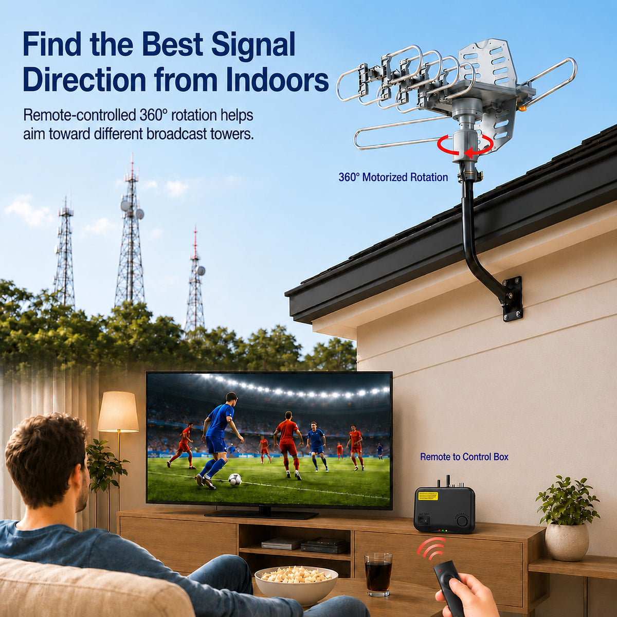 Amplified Outdoor TV Antenna for Local Channels, 360° Remote Rotation