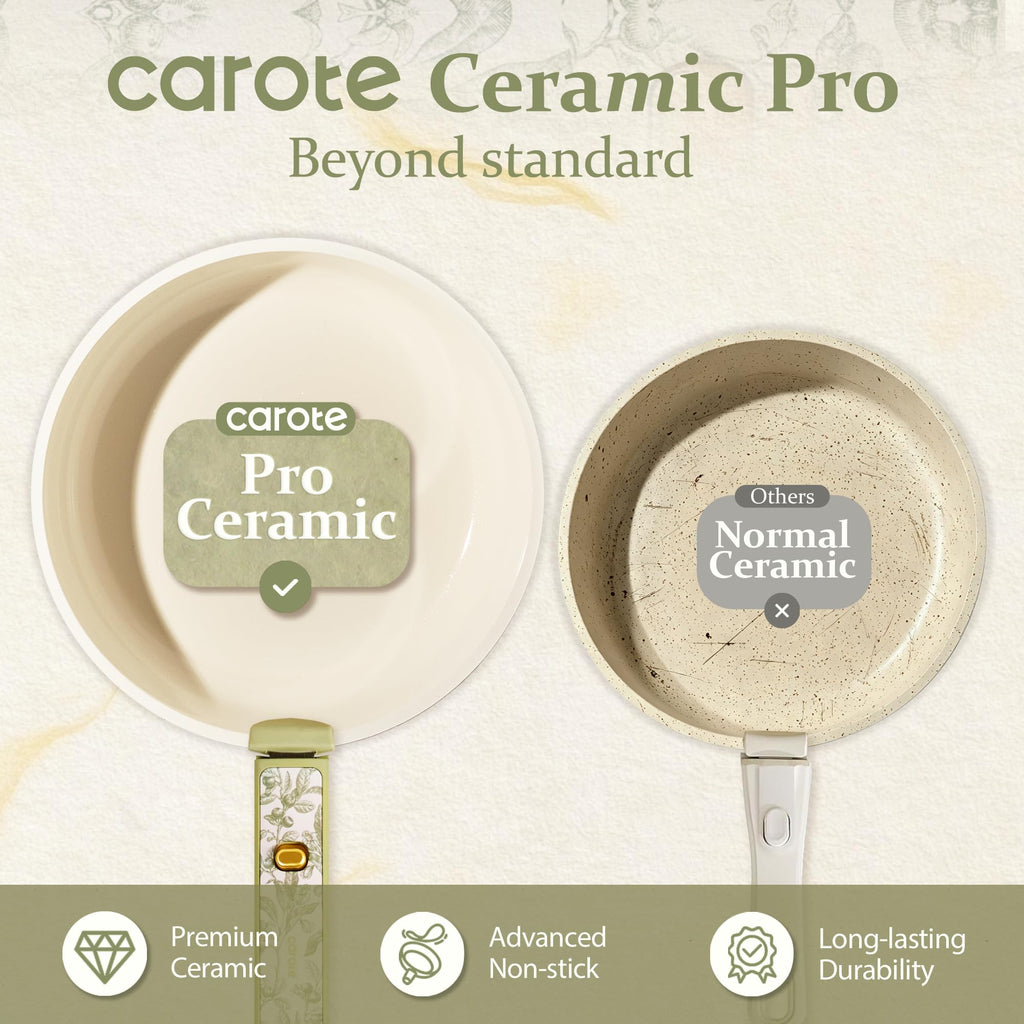 CAROTE 25pcs Ceramic Cookware Set, Detachable Handle Pots and Pans, Green