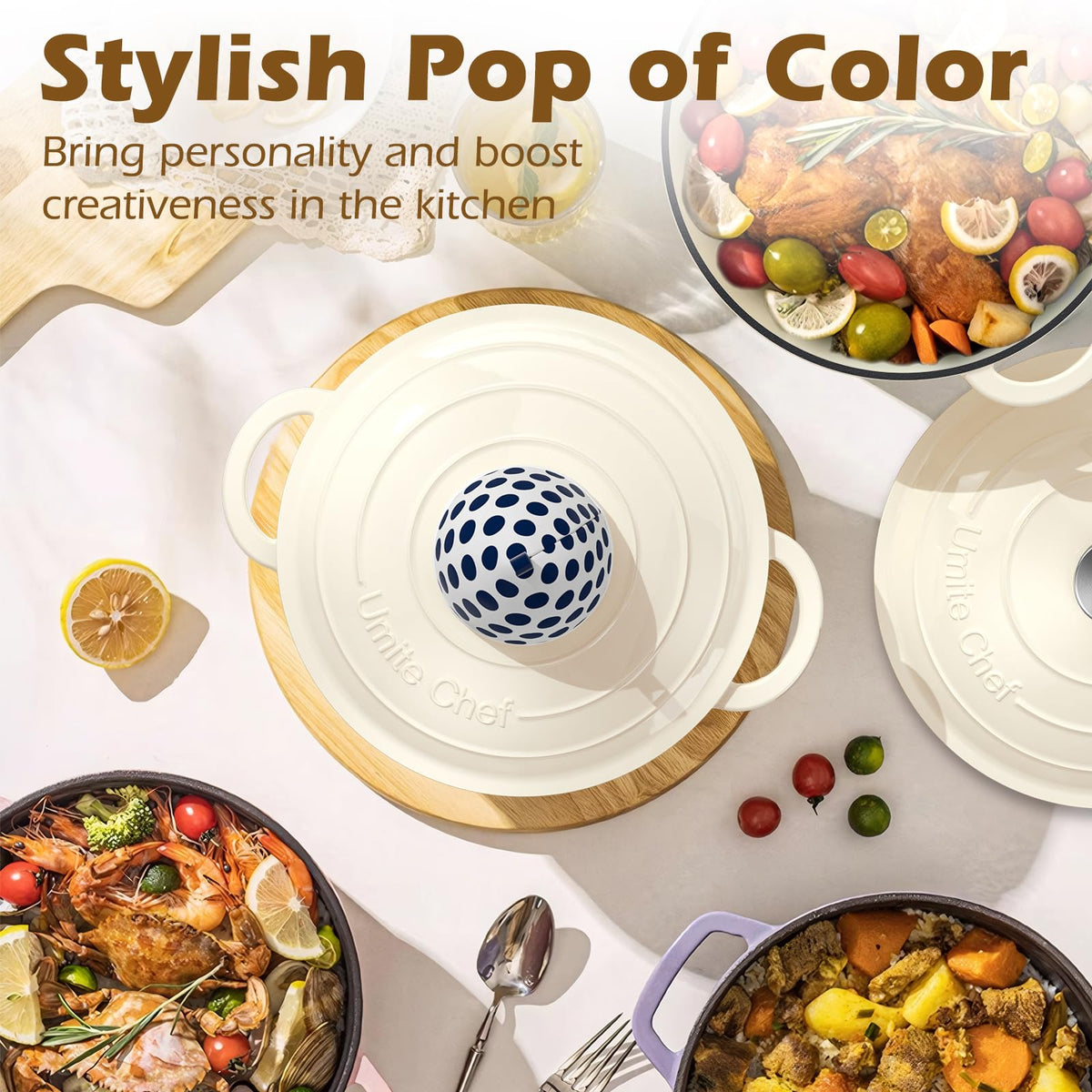Enameled Cast Iron Dutch Oven - Umite Chef 5QT Pot with Lid & Cotton Potholders - Heavy-Duty Cookware for Bread Baking, Braising, Stews, Roasting