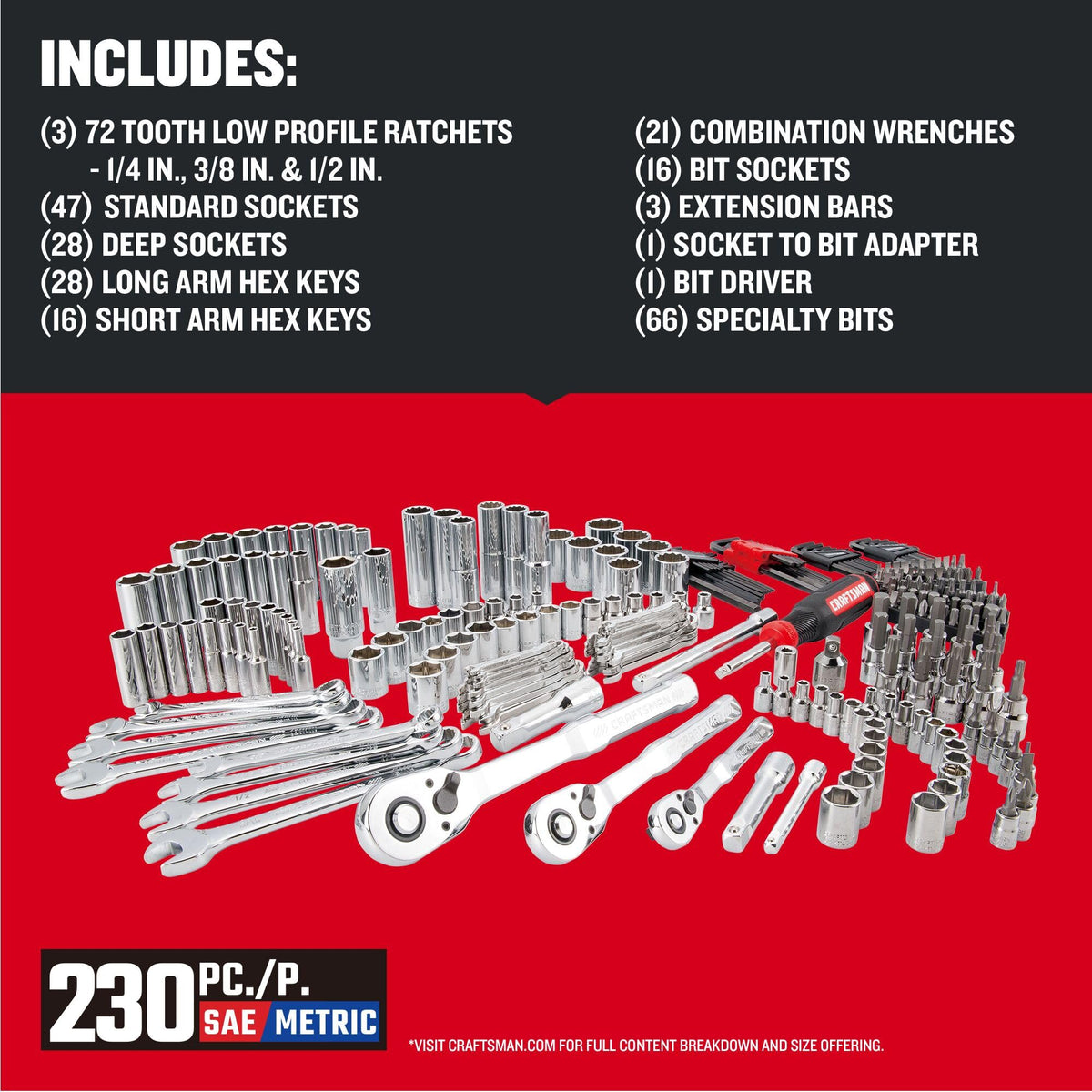 CRAFTSMAN 230 Pcs Mechanics Tool Set, Socket Wrench Set, Car Tool Kit with VERSASTACK Toolbox, SAE and Metric,1/4 in, 3/8 in, and 1/2 Drive, Short