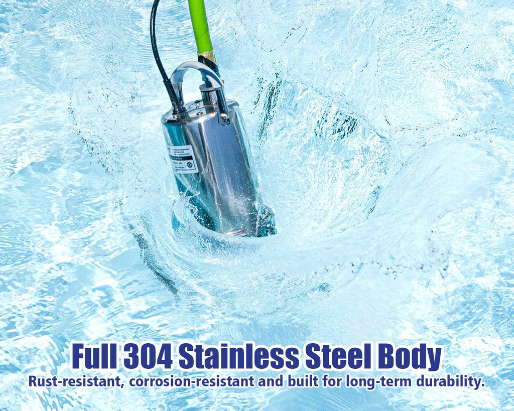 Green Expert 1HP Submersible Sump Pump, 4000GPH Full 304 Stainless Steel Manual Utility Pump with Adapter Kit, Oil-Free Top Discharge Water Removal