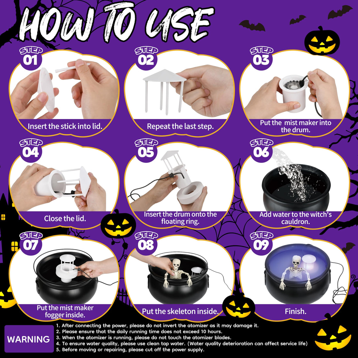 Halloween Mist Maker Fogger, 12.6" Big Witch Cauldron Skeleton with Color Change LED Light Large Capacity of Mist Water Fountain Pond Fog Machine and