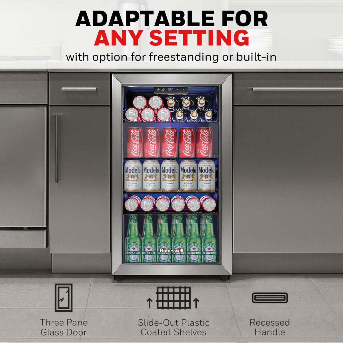 Honeywell Beverage Refrigerator and Cooler, 116 Can Mini Fridge with Glass Door for Soda Beer or Wine for Office or Bar with Adjustable Removable