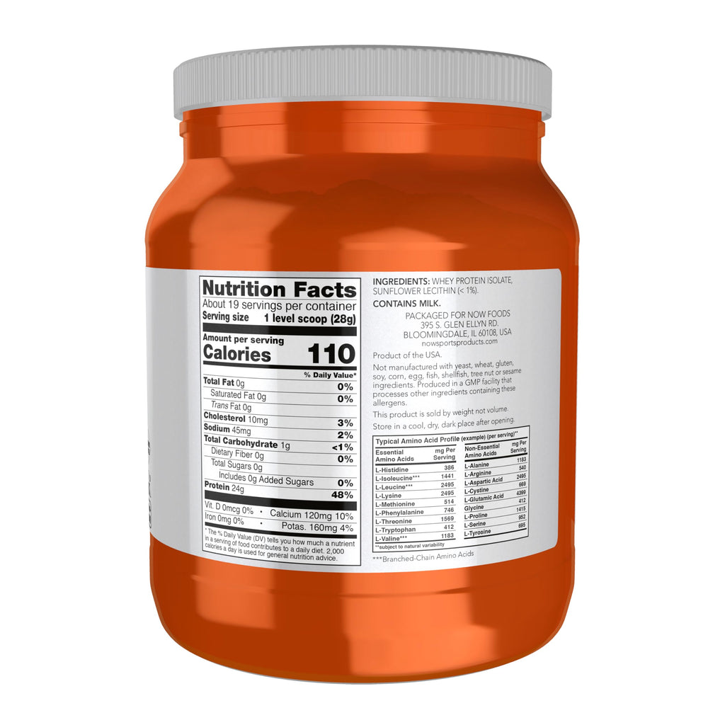 Now Sports, Whey Protein Isolate 24 g with BCAAs, Unflavored Powder, 1.2 lb
