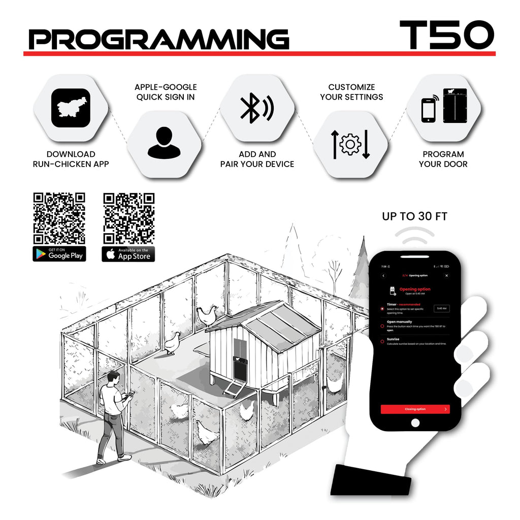 RUN-CHICKEN Door T50 – Automatic Chicken Coop Door Opener, Battery Powered & Weatherproof Aluminum, Smart App & Timer Control, Predator Proof, Easy