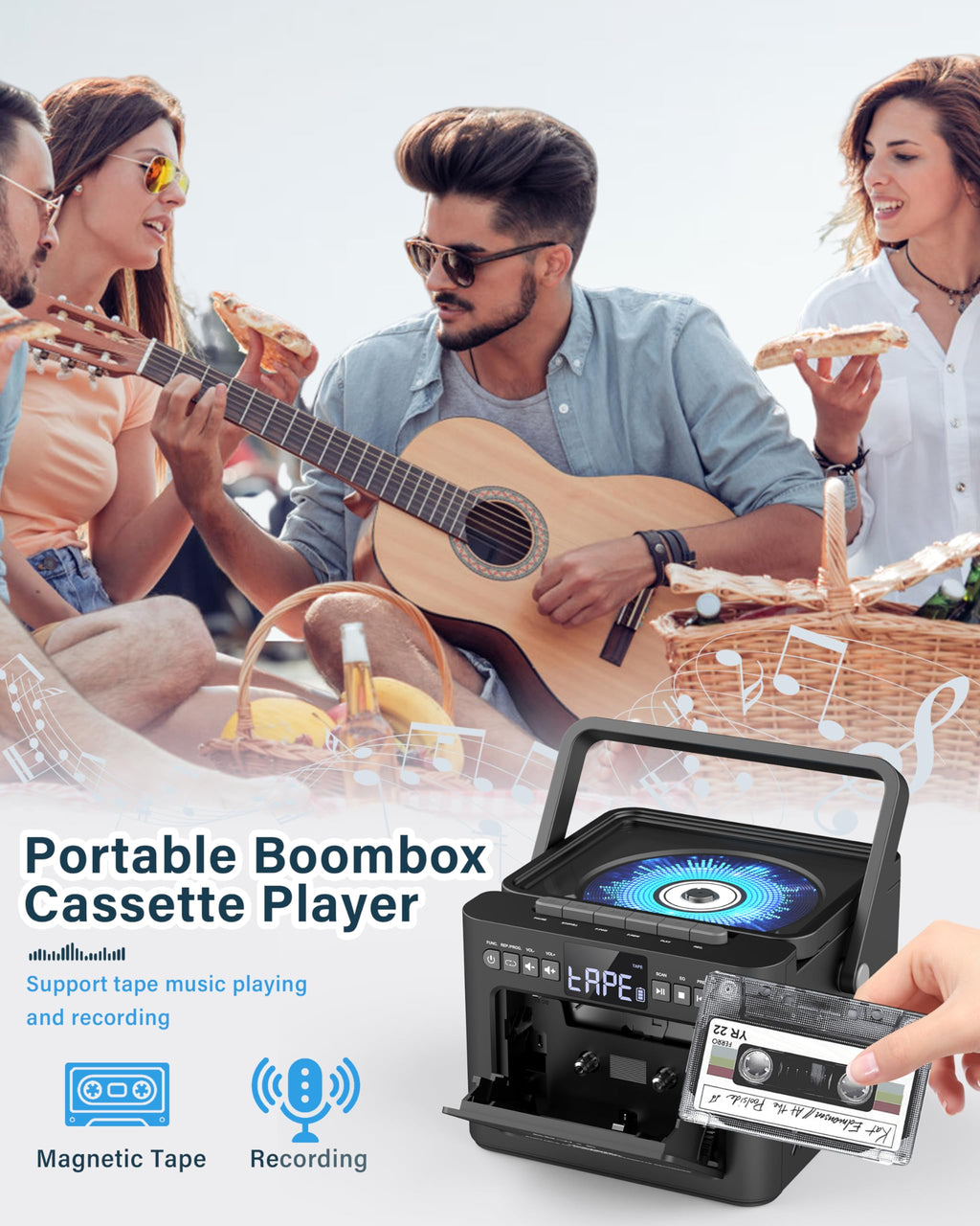 Boombox Cassette CD Player Combo with Bluetooth, 5000mAh Battery
