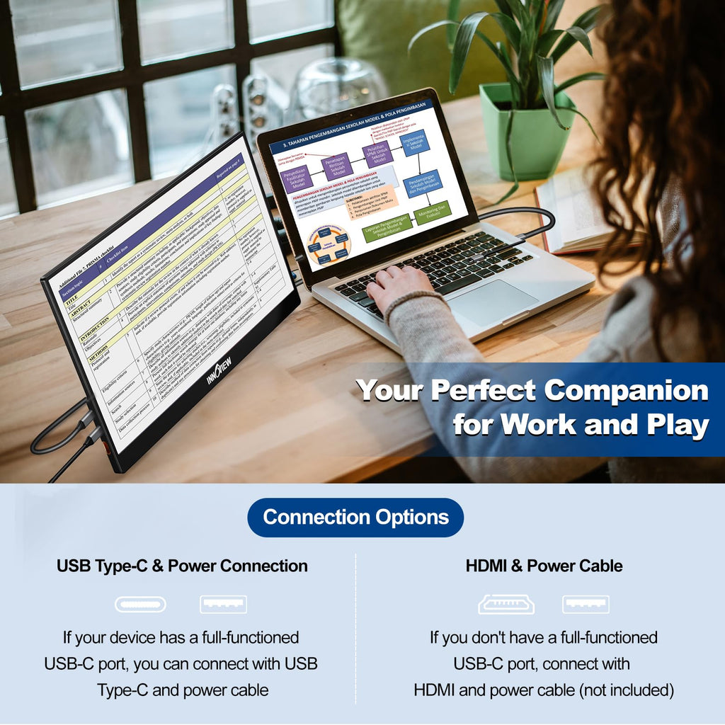 InnoView Portable Monitor 15.6" 1080P for Laptop with Storage Bag, Built-in 90° Adjustable Stand USB C HDMI Ultra-Slim Portable Laptop Monitor for