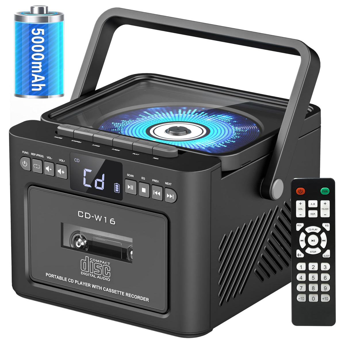 Boombox Cassette CD Player Combo with Bluetooth, 5000mAh Battery