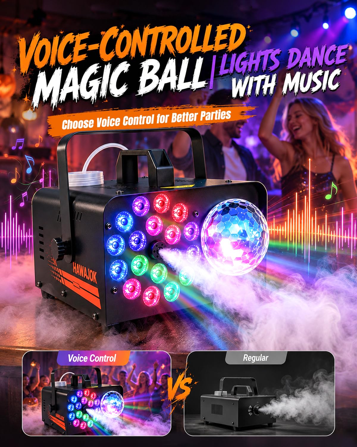 1000W Fog Machine, 4500CFM Output Smoke Machine with Disco Ball Lights, 18 Color LED Effects, Wireless Remote Control, Perfect for Halloween, DJ