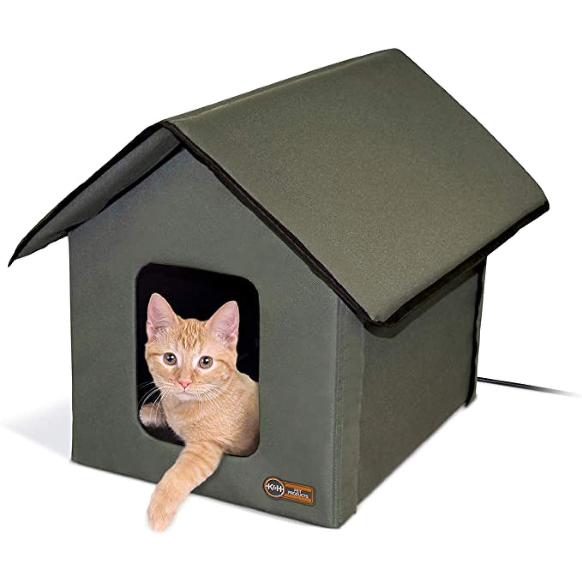 K&H Heated Cat House, Outdoor Kitty Shelter, Safety Listed, 20W, Olive
