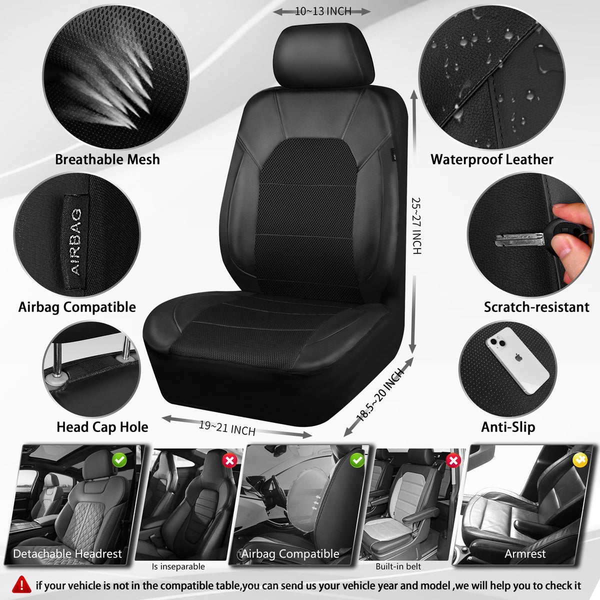 CAR PASS Leather and 3D Air Mesh Universal Fit Car Seat Covers, for Sedans,Trucks,Suvs,Airbag Compatible,Zipper Design and Reserved Opening Holes for