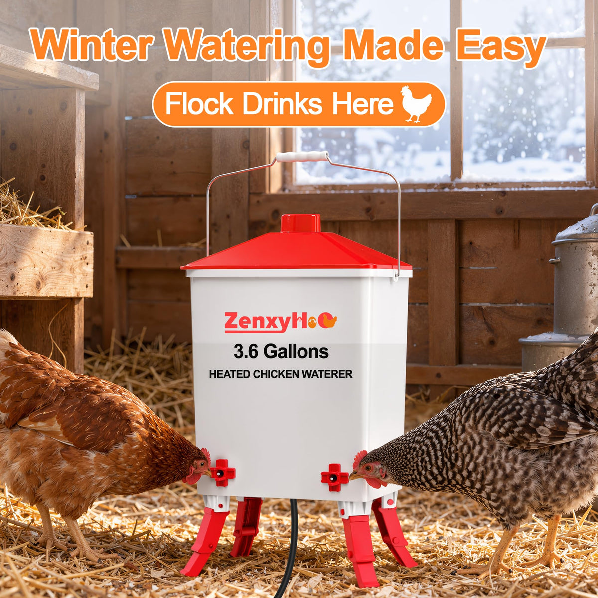3.6 Gal Heated Chicken Waterer Bucket with 3 Adjustable Heights