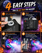 1000W Fog Machine, 4500CFM Output Smoke Machine with Disco Ball Lights, 18 Color LED Effects, Wireless Remote Control, Perfect for Halloween, DJ