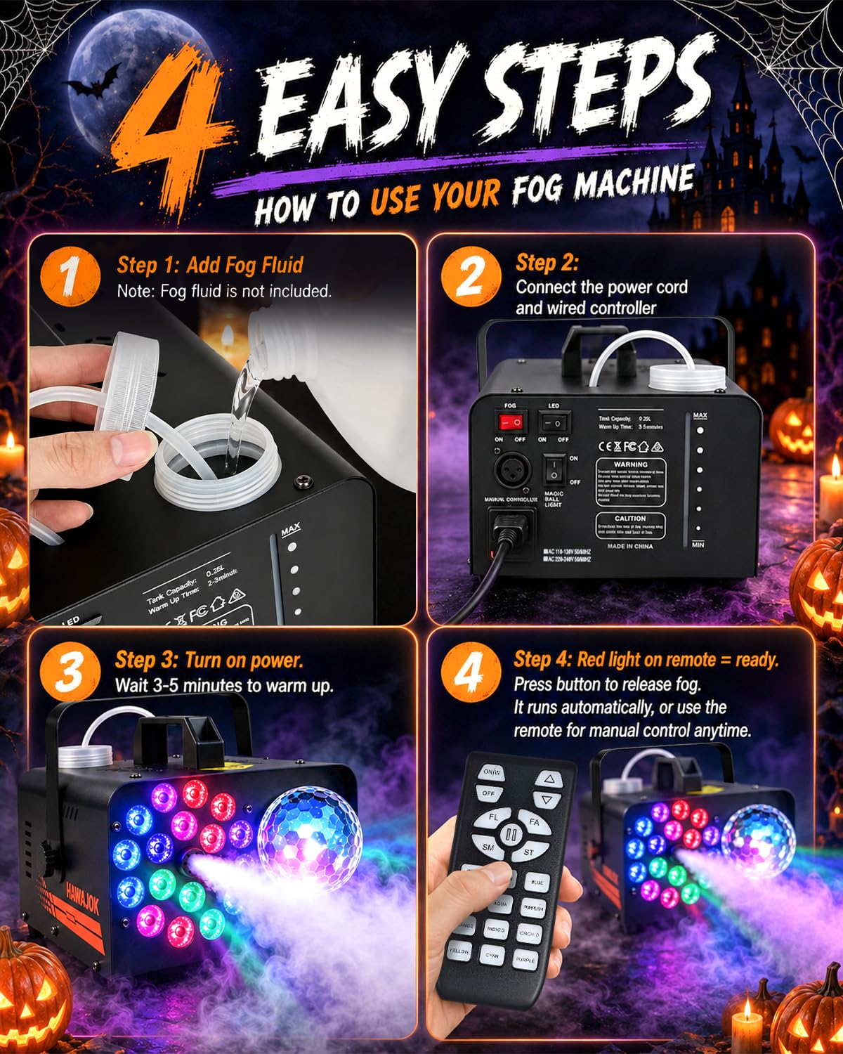 1000W Fog Machine, 4500CFM Output Smoke Machine with Disco Ball Lights, 18 Color LED Effects, Wireless Remote Control, Perfect for Halloween, DJ