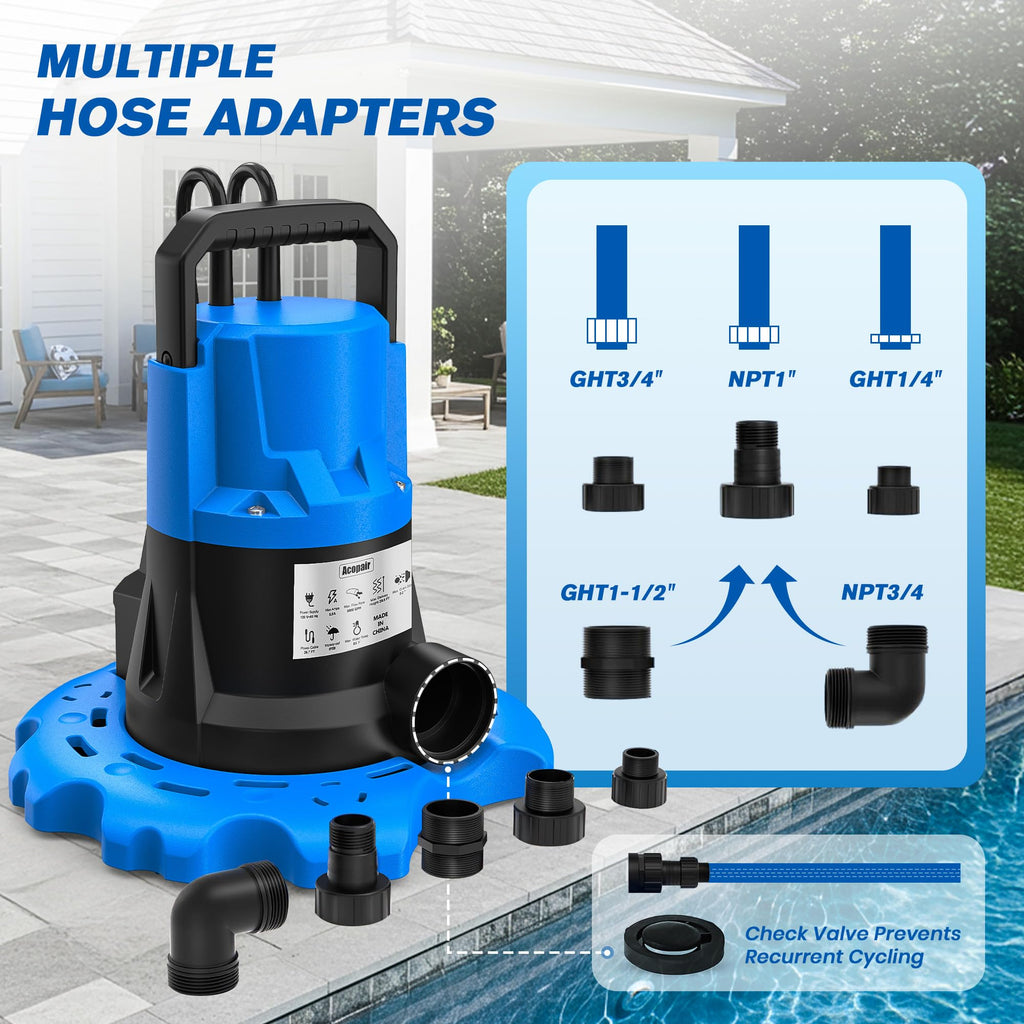 1 HP Automatic Cover Pump, 5000 GPH Submersible Pumps with 3/4” Check Valve Adapter & 25ft Power Cord, Water Removal for Pool, Hot Tubs, Rooftops