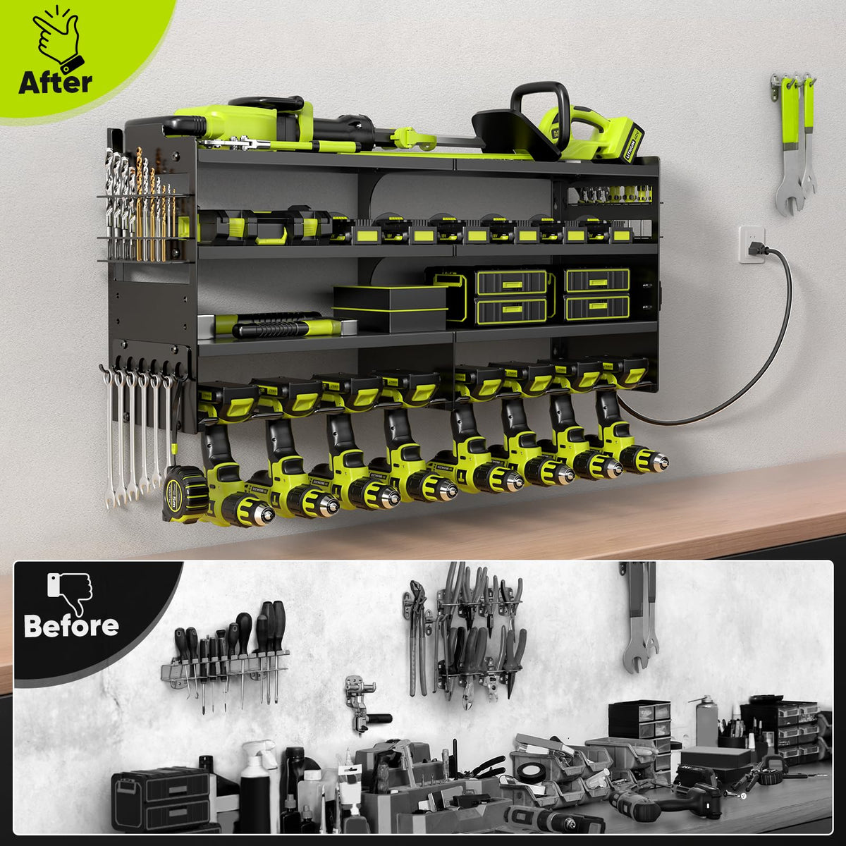 Large Power Tool Organizer Wall Mount with Charging Station,4 Layer Heavy Duty Metal Tool Storage Rack Loads 600lbs with 8 Cordless Drill Holder