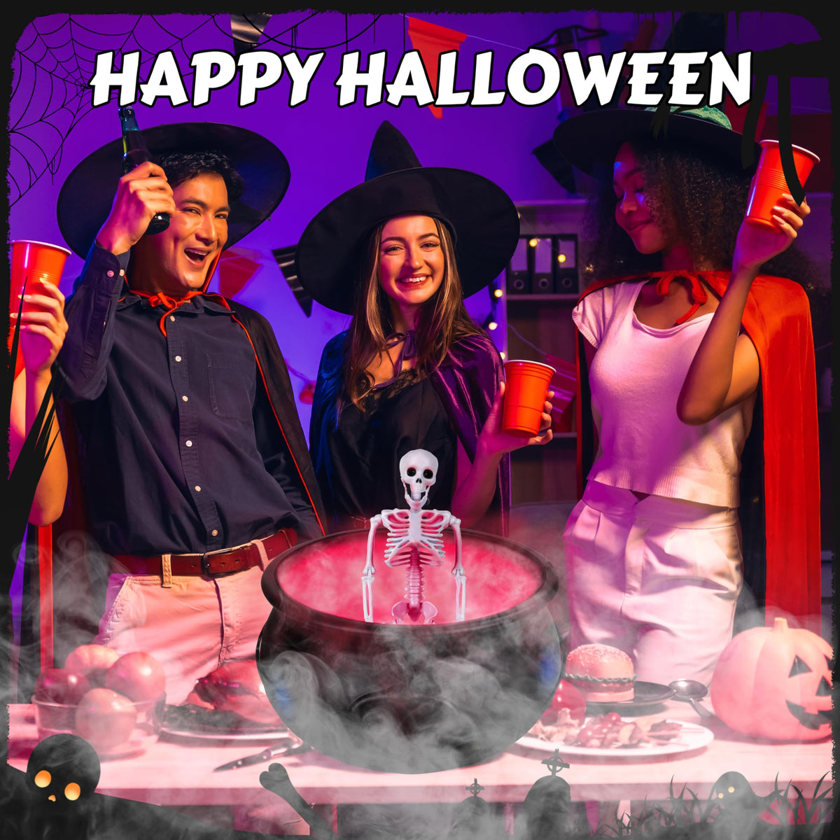 Halloween Mist Maker Fogger, 12.6" Big Witch Cauldron Skeleton with Color Change LED Light Large Capacity of Mist Water Fountain Pond Fog Machine and