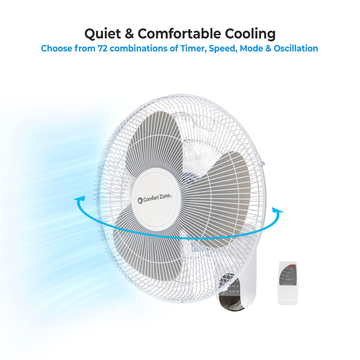COMFORT ZONE 16" Oscillating Wall Mount Fan with Remote & Timer - White