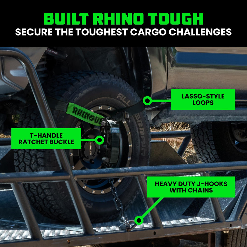Rhino USA Car Hauler Tie Down Straps (4-Pack) - 2inx8ft Lasso with J Hooks