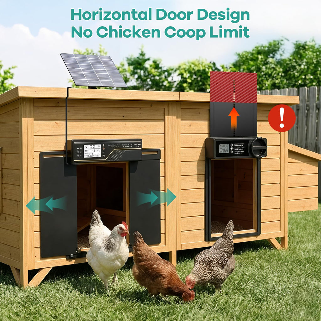 7W Solar Powered Automatic Chicken Coop Door, Aluminum Horizontal Dual-Door