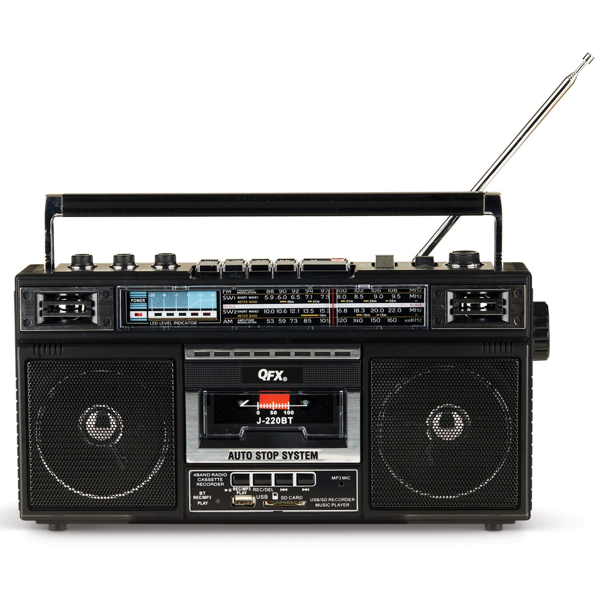 QFX Retro Bluetooth Boombox Cassette Tape Player Recorder, J-220BT, Black