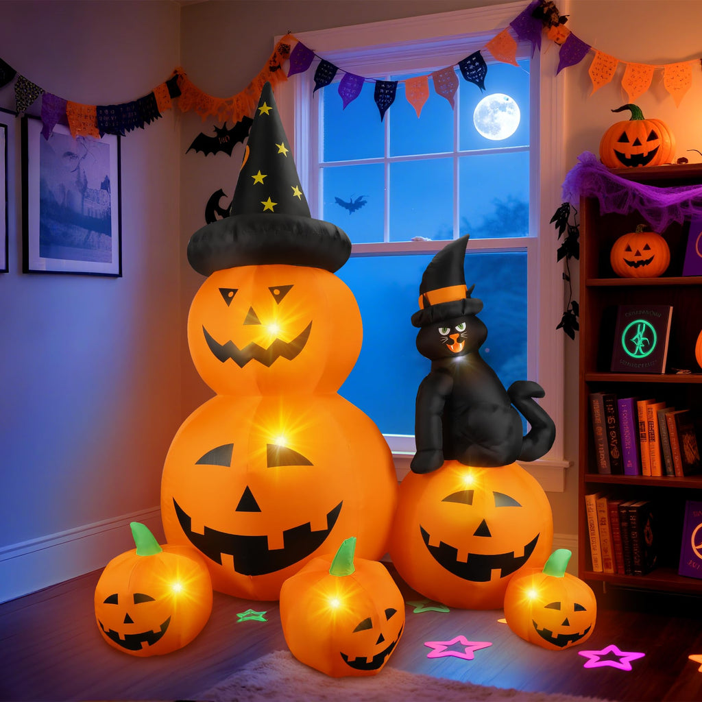 6Ft Halloween Inflatable Decorations Pumpkins Patch Lanterns with Black Cat with Build-in LEDs Blow Up Inflatables for Outdoor Decoration Balcony