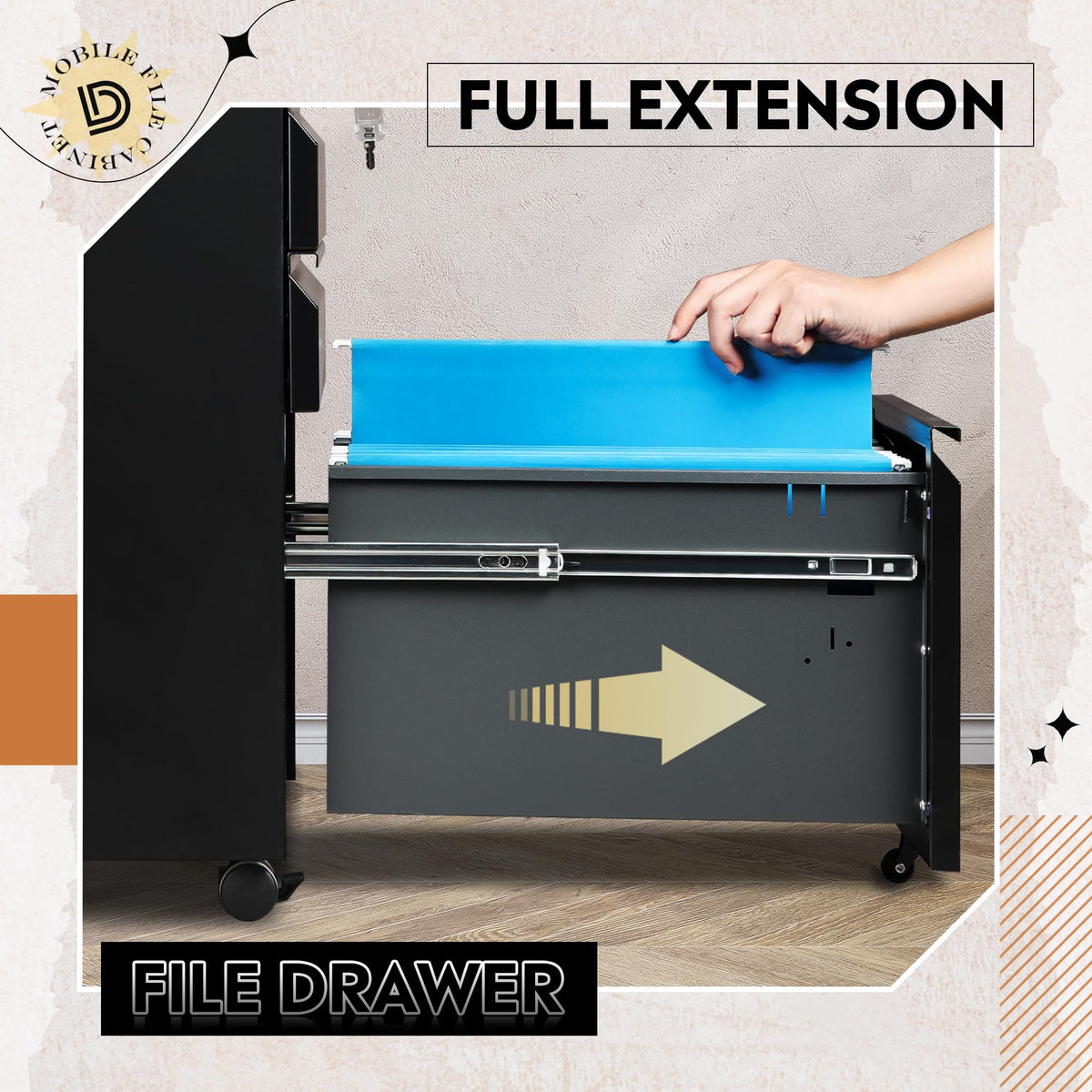 DEVAISE 3 Drawer File Cabinet with Lock, Fully Assembled Except Casters