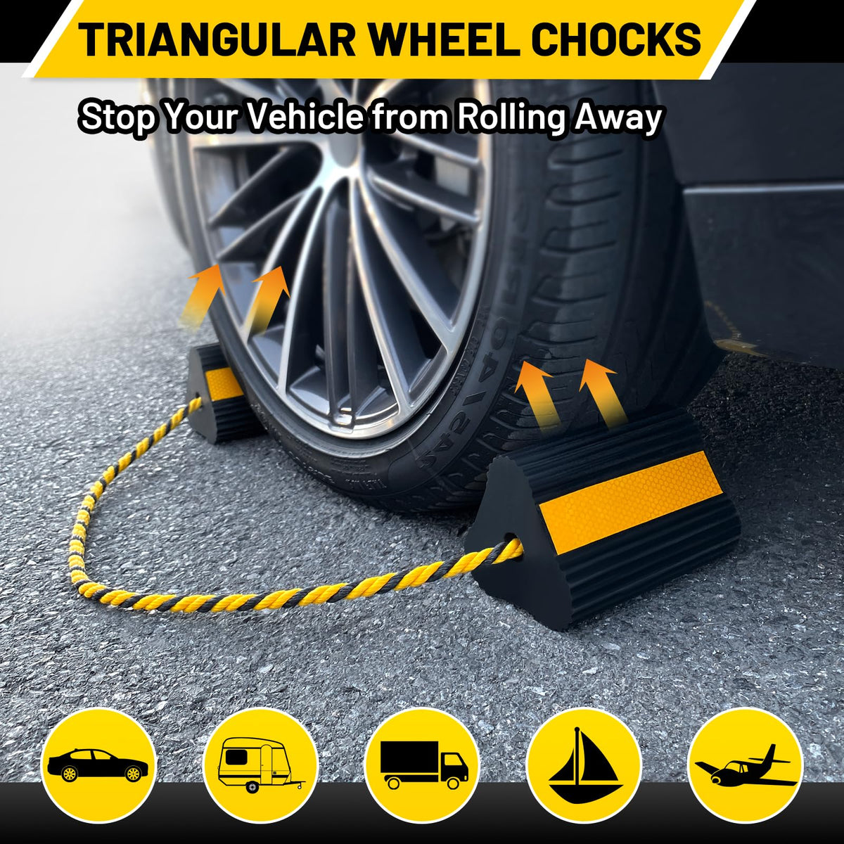 Wheel Chocks (2pair/4pack with Rope) for RV Trailer Camper Truck Car Aircraft, Versatile Heavy Duty Rubber Wheel Chocks Block with 3 Reflective