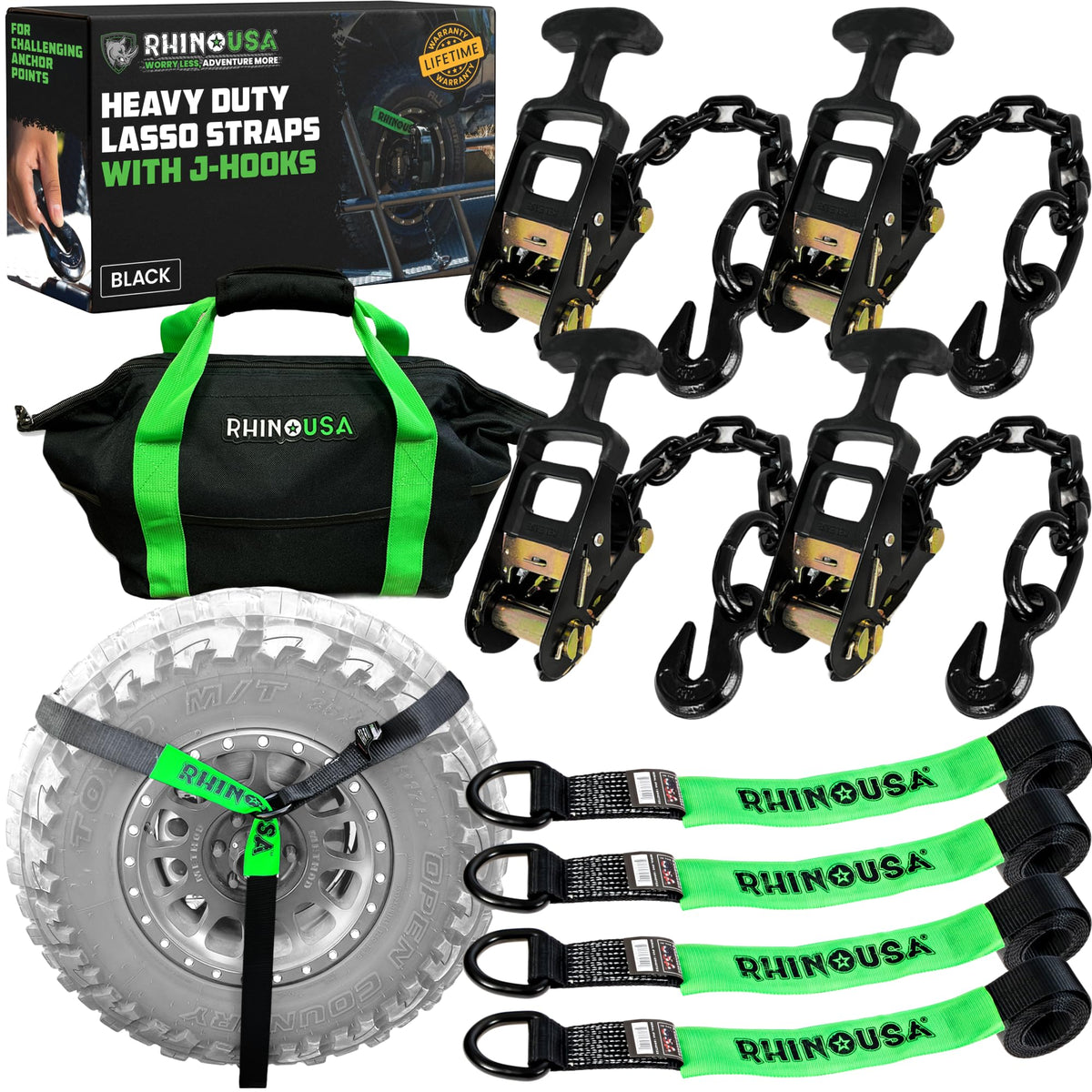 Rhino USA Car Hauler Tie Down Straps (4-Pack) - 2inx8ft Lasso with J Hooks