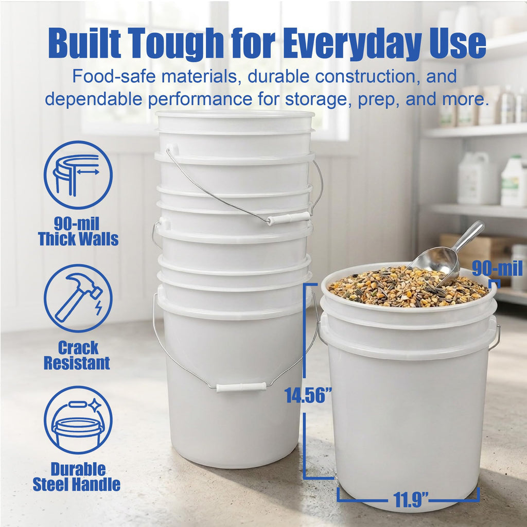 5 Gallon Bucket - Food Grade w/Lid BPA-Free, 6 Pack - White