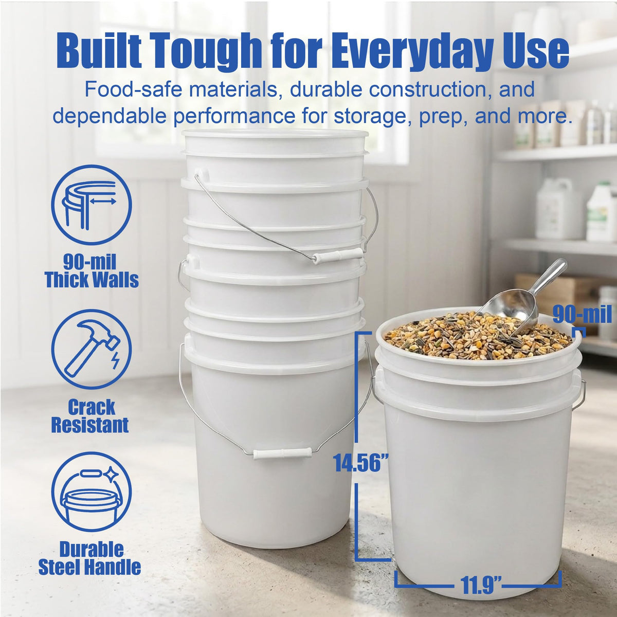 5 Gallon Bucket - Food Grade w/Lid BPA-Free, 6 Pack - White