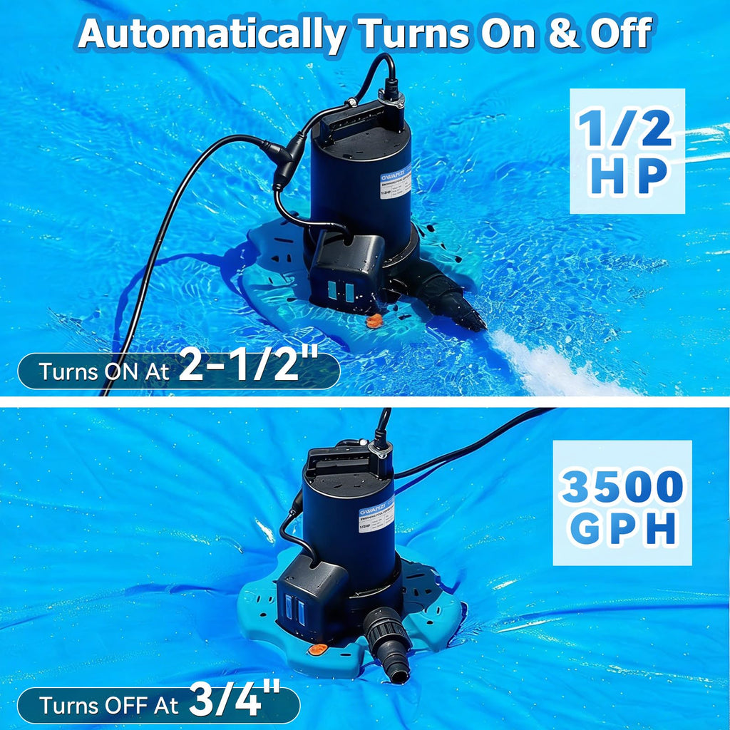 1/2HP Swimming Pool Cover Pump Automatic On/Off 3500GPH Submersible Water Pump with Filter Net 3/4” Check Valve Adapter & 25ft Power Cord 110V Sump