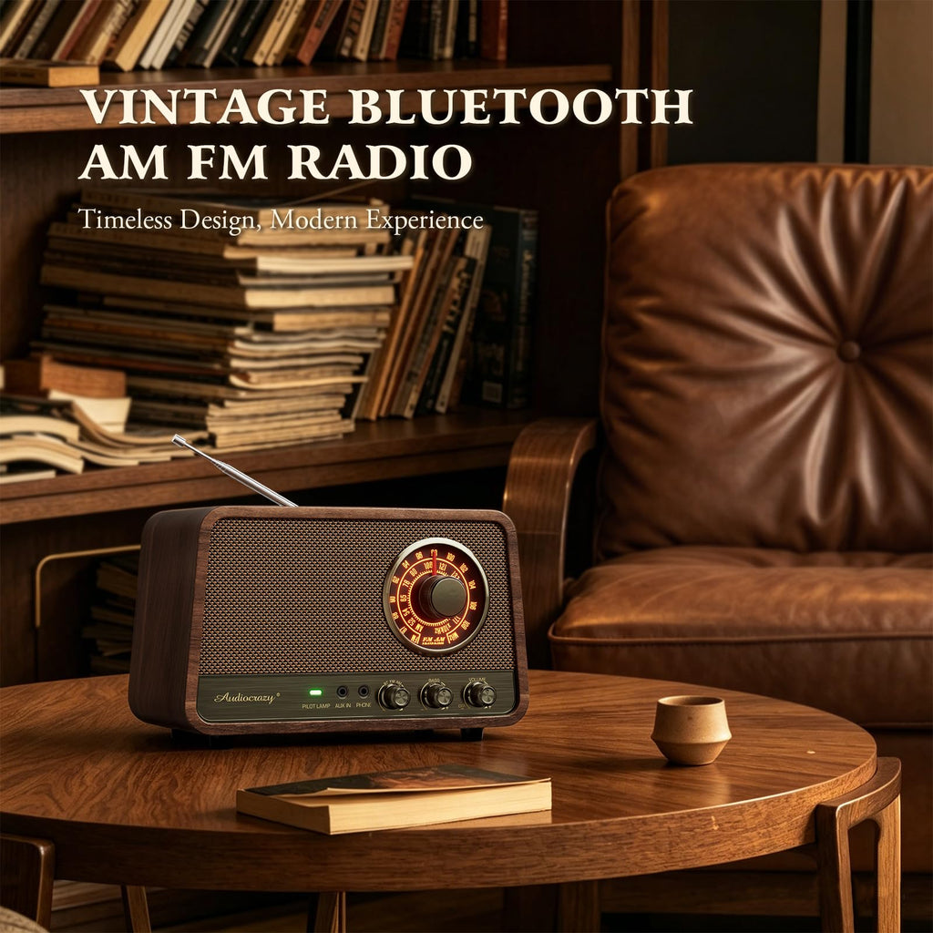 Vintage Wood AM FM Bluetooth Radio,10W Powerful Sound, Espresso