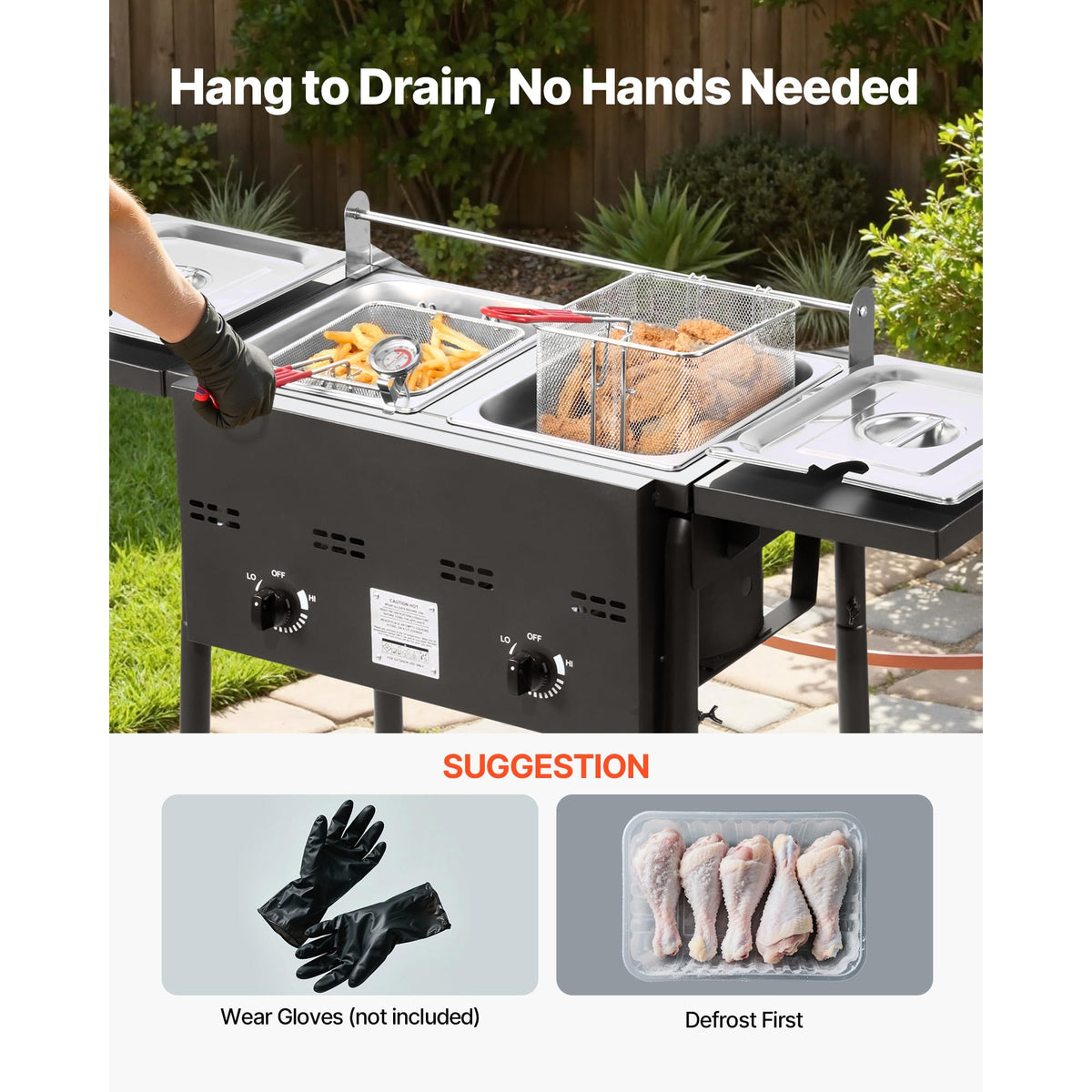 VEVOR Outdoor Propane Deep Fryer, Double Burners Commercial Fryer, 16 Qt Stainless Steel Cooker with Removable Baskets & Lids & Tanks, Oil Fryer Cart