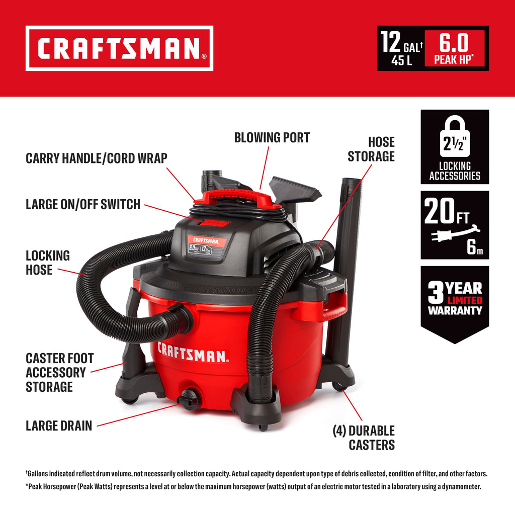 CRAFTSMAN CMXEVBE17594 12 Gallon 6.0 Peak HP Wet Dry Shop Vacuum