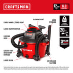 CRAFTSMAN CMXEVBE17594 12 Gallon 6.0 Peak HP Wet Dry Shop Vacuum