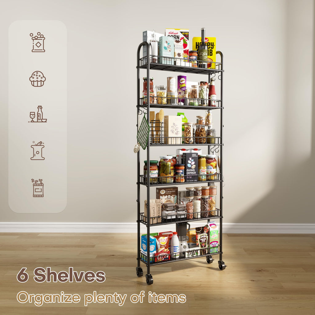 Slim Rolling Storage Cart with Wheels, Metal 6 Tier Spice Rack Mobile Shelving Unit Organizer Kitchen Utility Cart for Office Bathroom Kitchen