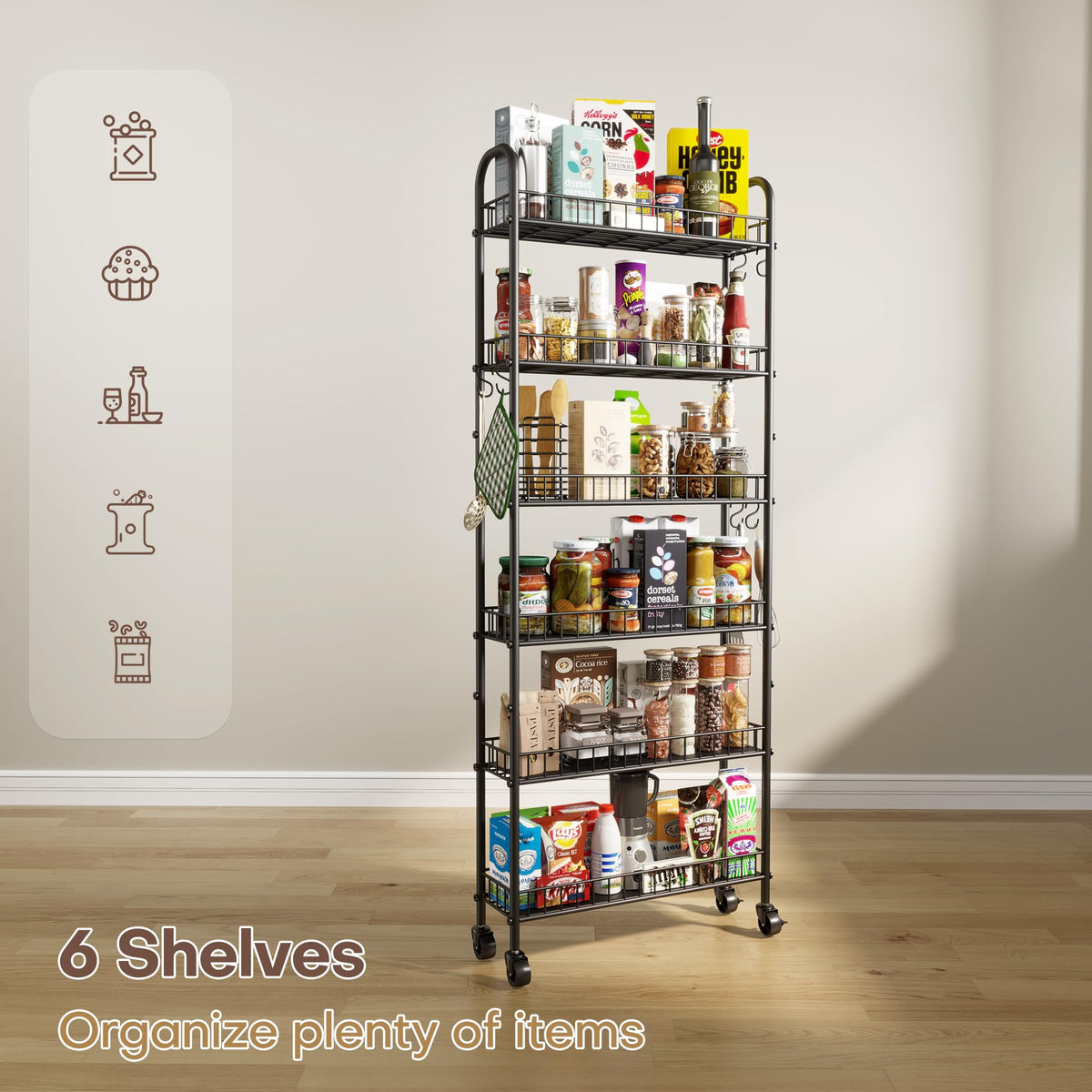 Slim Rolling Storage Cart with Wheels, Metal 6 Tier Spice Rack Mobile Shelving Unit Organizer Kitchen Utility Cart for Office Bathroom Kitchen