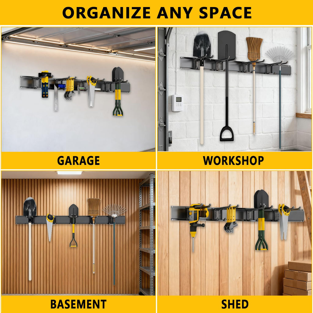 Garage Tool Organizer Wall Mount, 48inch Heavy-Duty Garage Storage System and Garden Tool Organizer with 6 Adjustable Double Hooks for Shovel