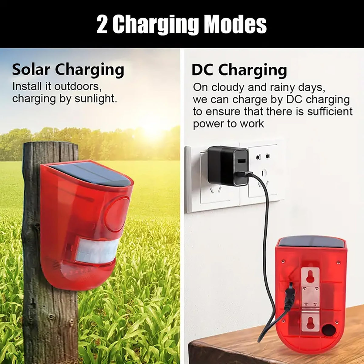 Solar Motion Sensor Alarm Outdoor, 110dB Solar Sound & Light Alarm with 6 LED Flashing Strobe, Wireless PIR Security Siren for Farm, Chicken Coop