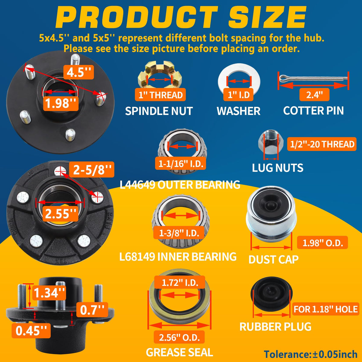 5x4.5 Trailer Hub Kits for 3500lb 1-1/16'' to 1-3/8'' Tapered Axle