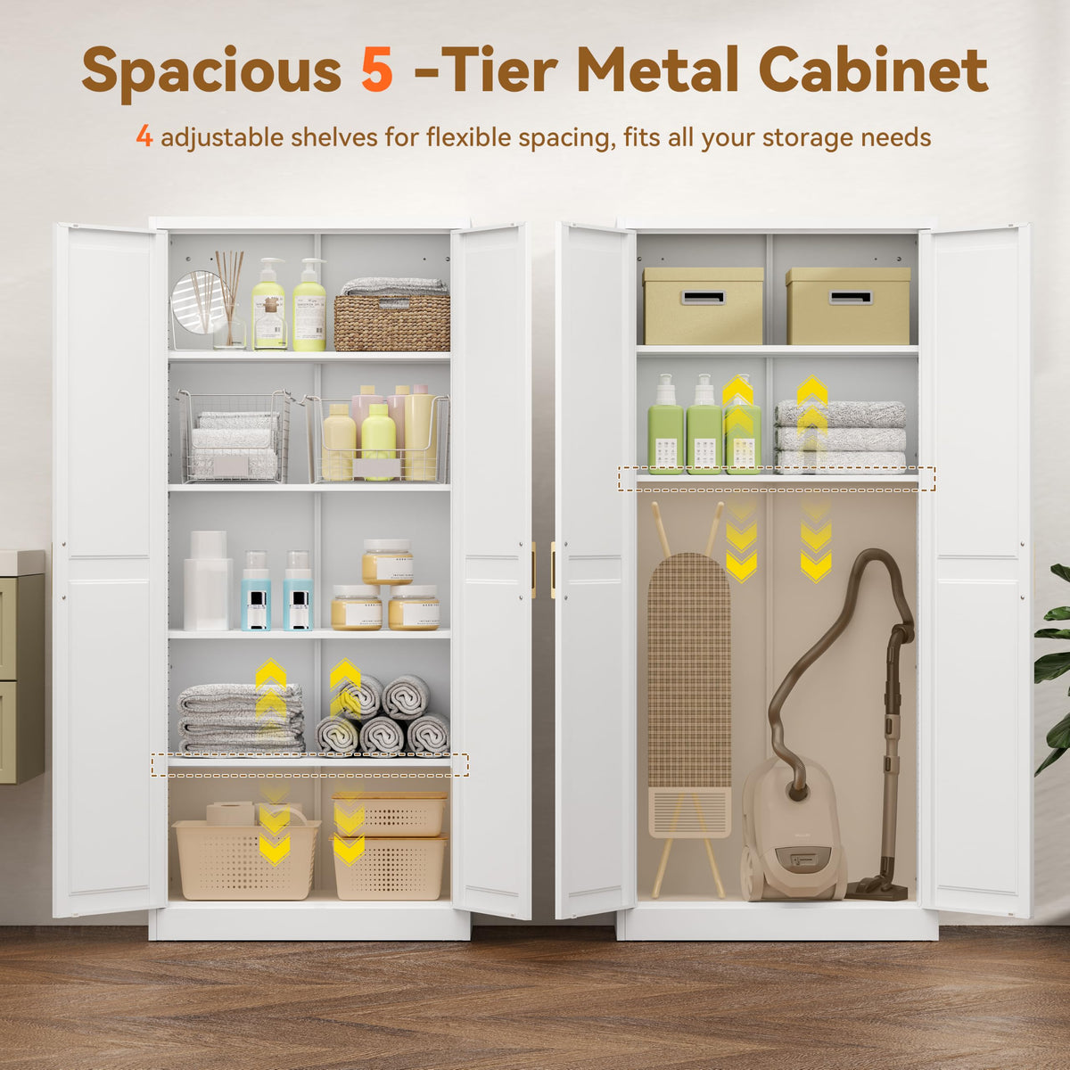 71" White Metal Kitchen Pantry Storage Cabinet with Doors and Shelves