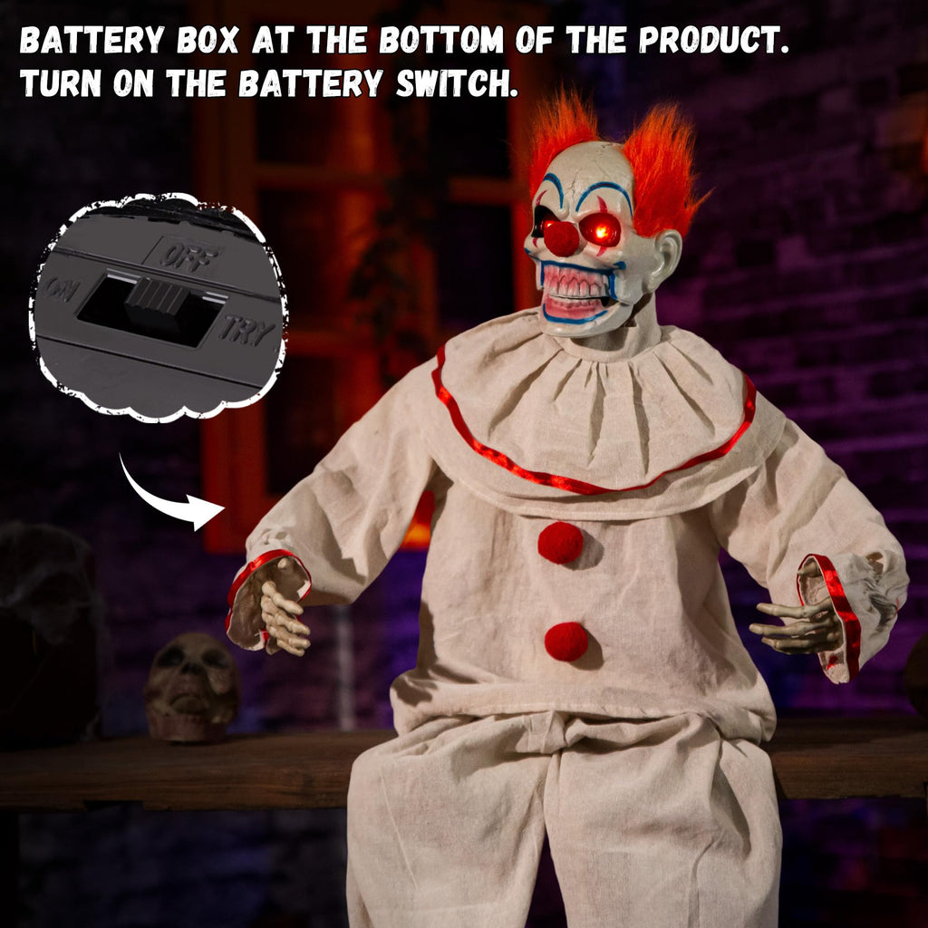 Halloween Animatronic Sitting Clown, Halloween Animated Decorations with Sound Activated, Creepy Sound, Light Up Eyes, Scary Move, Haunted House