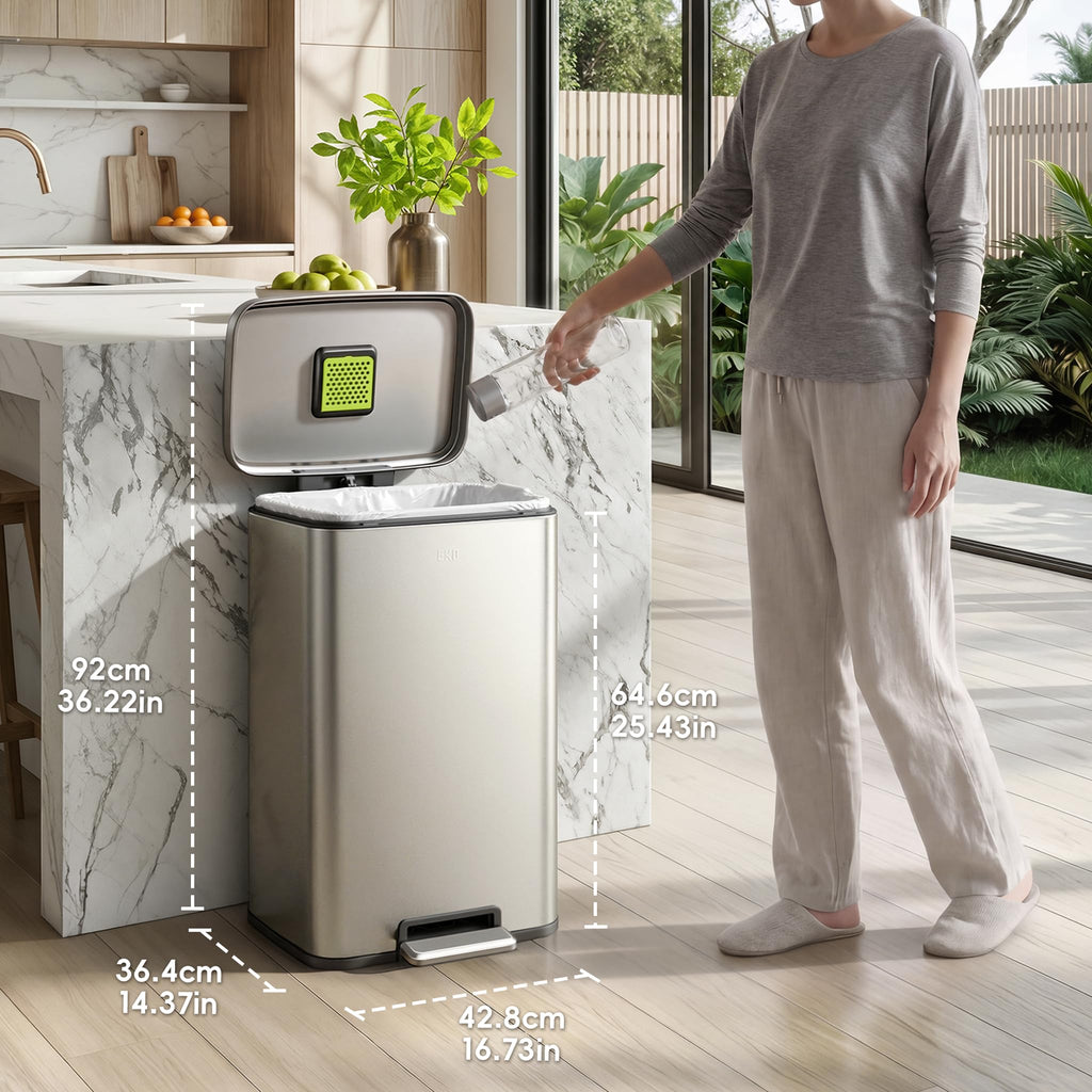 EKO Madison Brushed Stainless Steel 13.2 Gal/50L Kitchen Step Trash Can or Recycling Bin, Removable Inner Liner, Soft Close Lid, Fingerprint