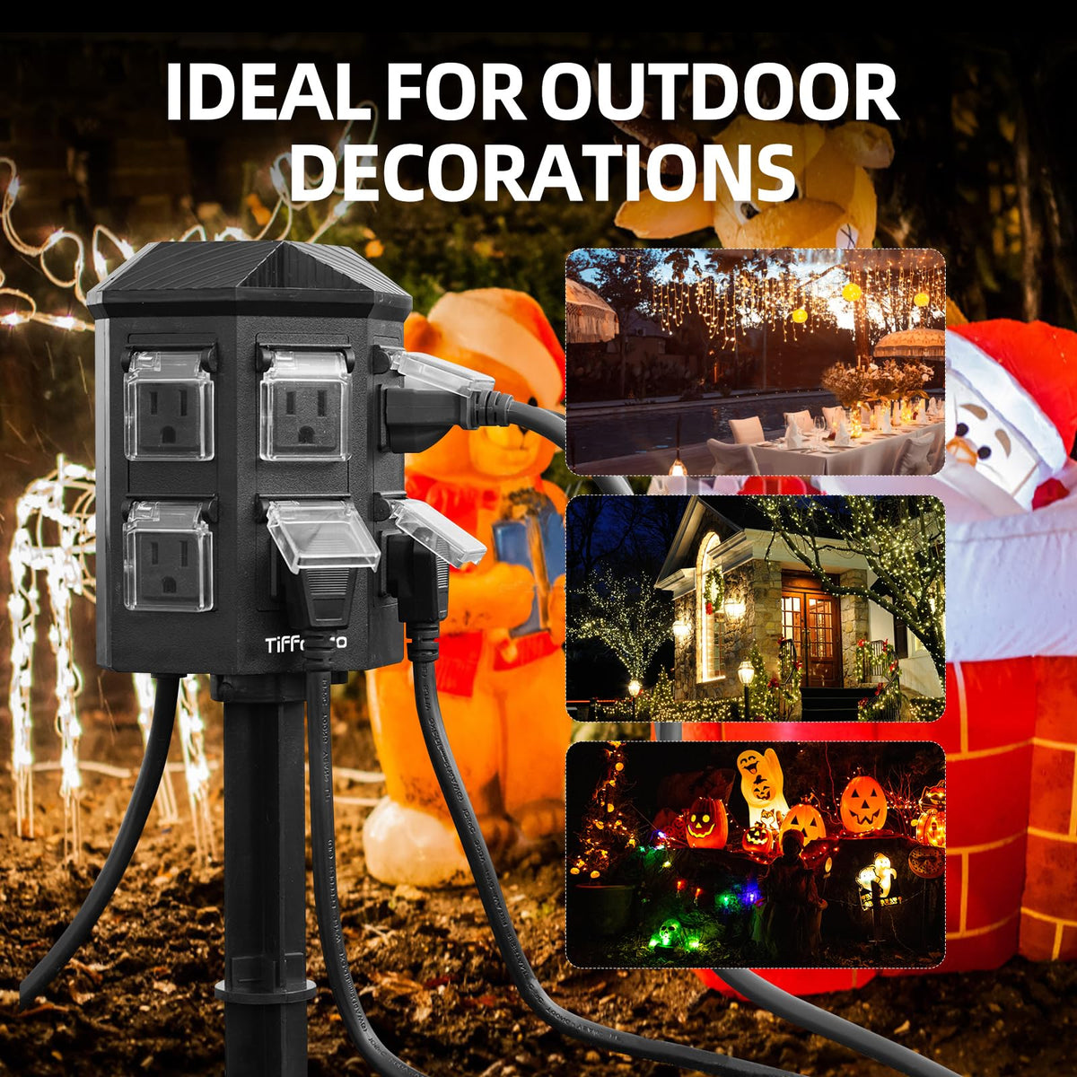 Outdoor Power Strip Weatherproof, 25 FT Extension Cord with Stake, 6 Grounded Outlets for Halloween and Christmas Decorations, 15A/1875W, ETL Listed