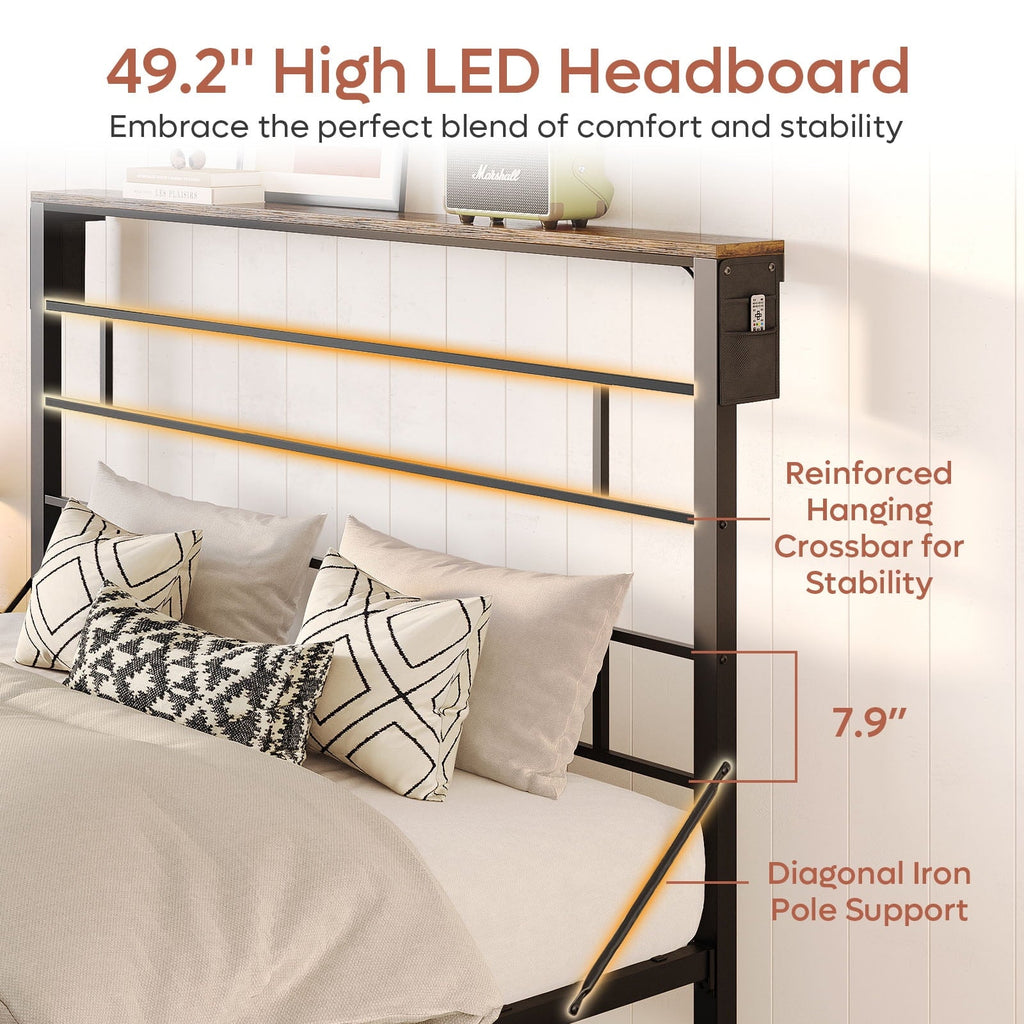 Bestier Queen Size Bed Frame with 49.2" High LED Storage Headboard Shelf, Metal Platform Bed, Black