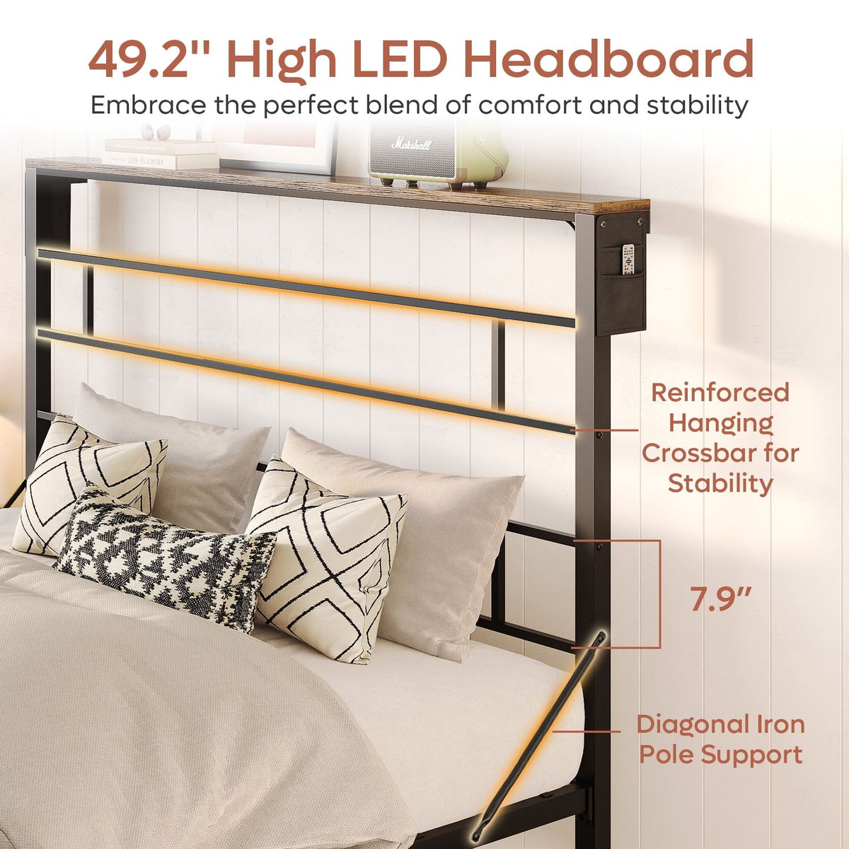 Bestier Queen Size Bed Frame with 49.2" High LED Storage Headboard Shelf, Metal Platform Bed, Black