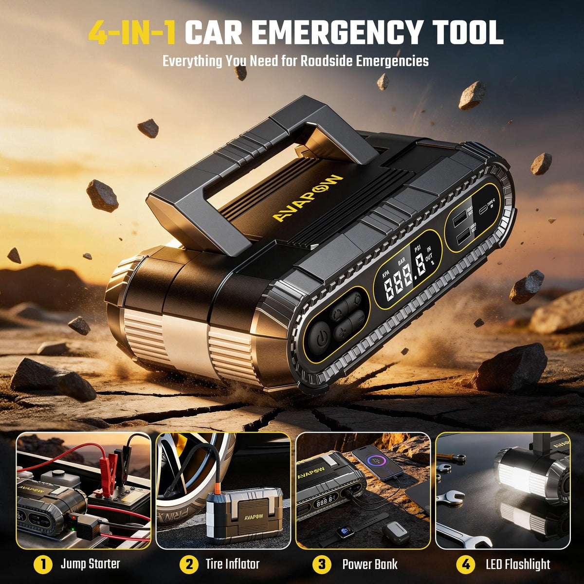 AVAPOW 2000A Heavy Duty Jump Starter with 150 PSI Air Compressor, 12V Battery Booster for Up to 8.0L Gas & 6.0L Diesel Engines, Power Bank & LED Light
