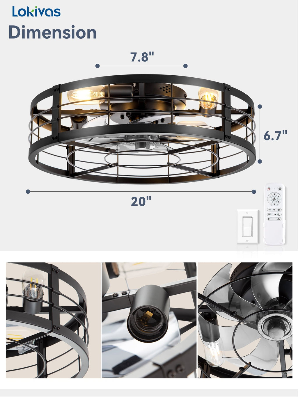 Lokivas 20in Flush Mount Ceiling Fans with Light, Quiet DC Motor, 6 Speeds & Remote Control